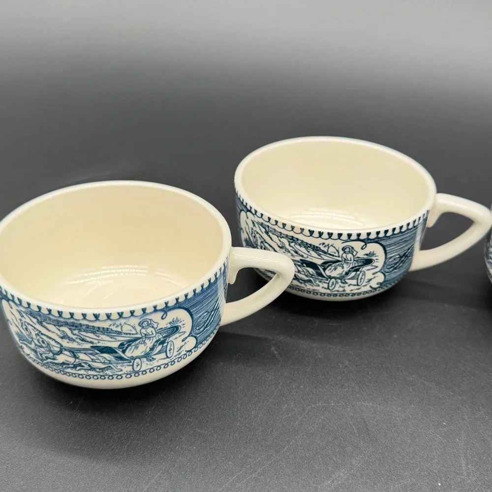 Currier & Ives Blue and Cream Ceramic Teacup Set